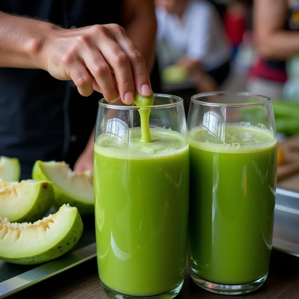 Freshly squeezed bitter melon juice at a local market in Hanoi