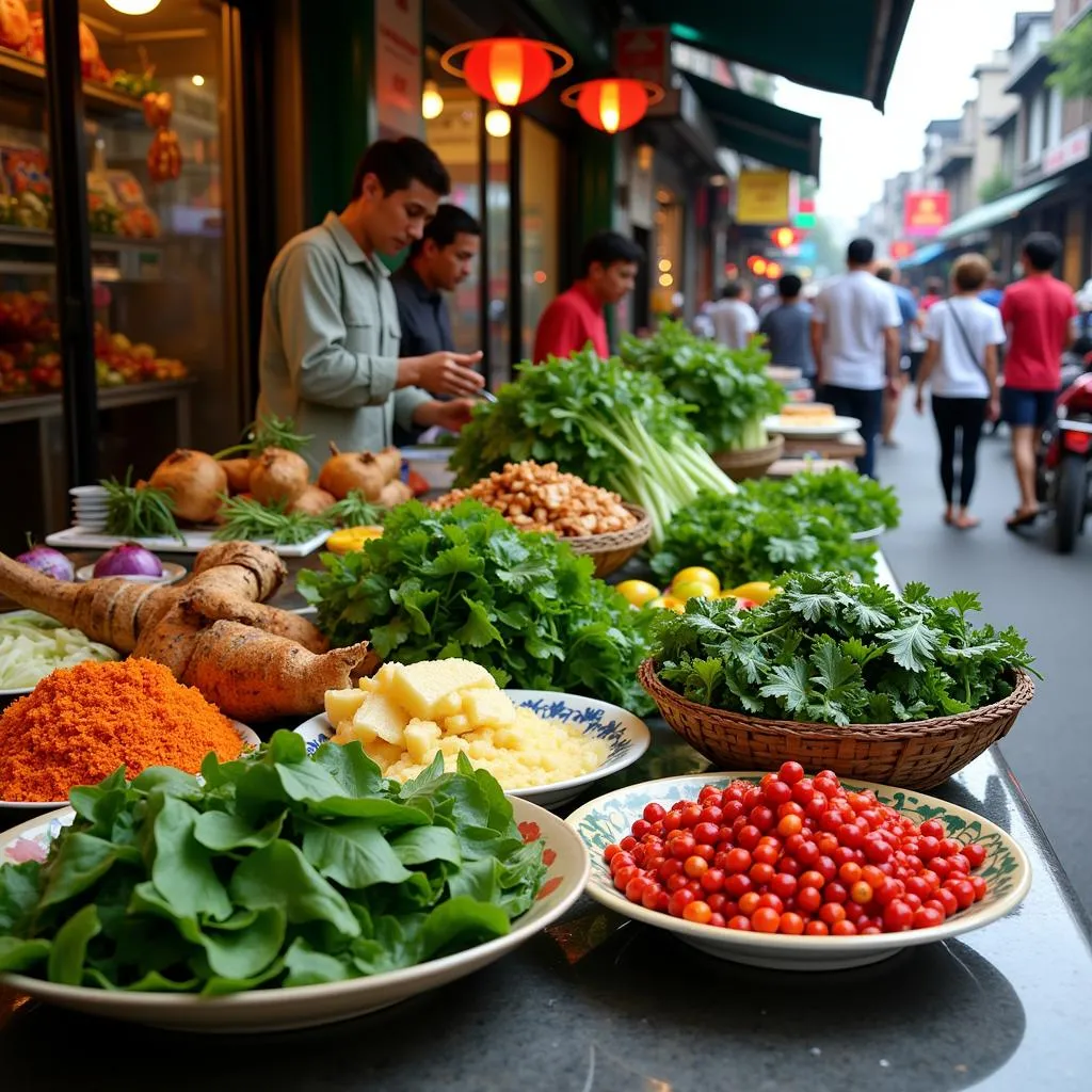 Vietnamese street food stalls with blood cleansing ingredients