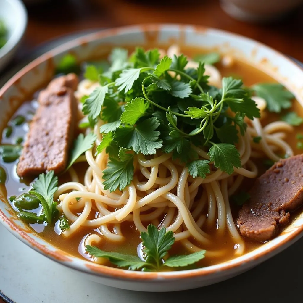 A steaming bowl of Vietnamese pho with fresh herbs