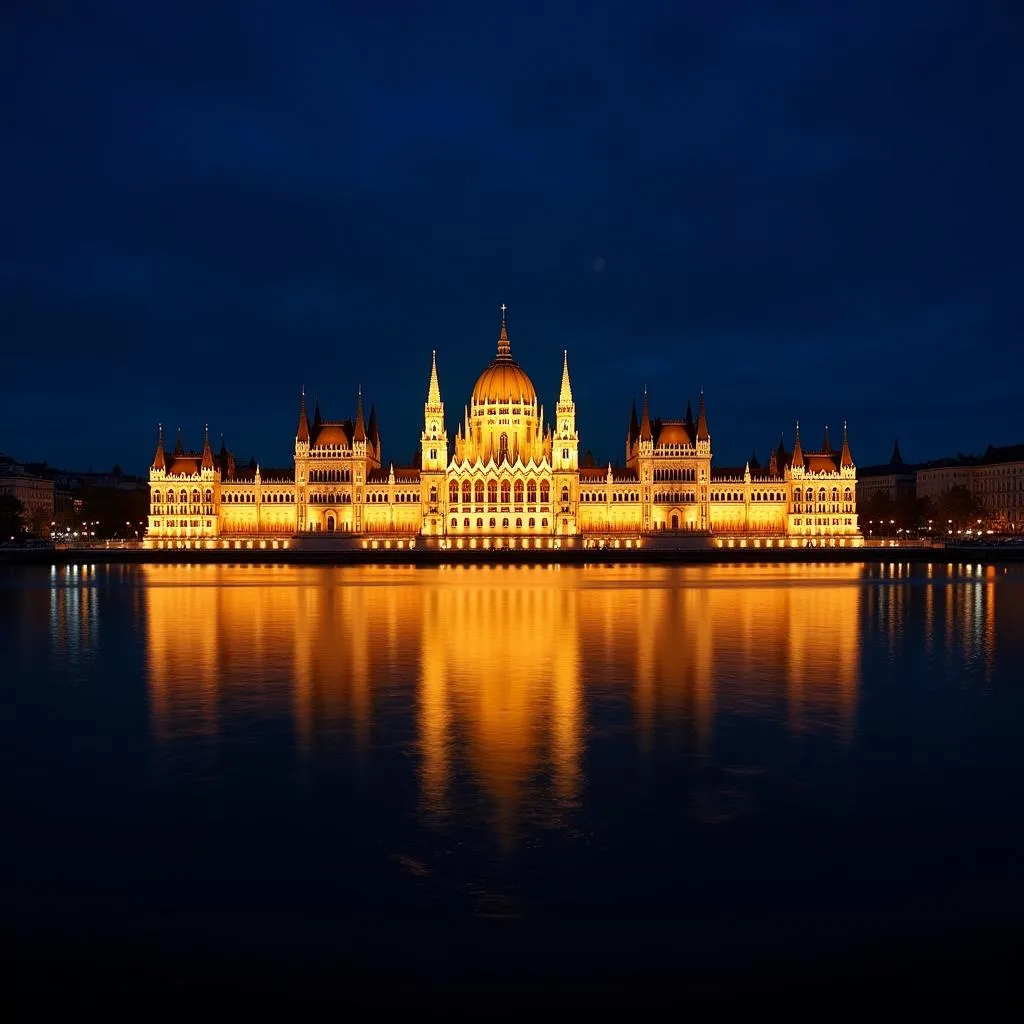 Budapest Parliament building illuminated at night