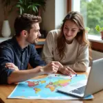 Couple planning a trip using a map and laptop