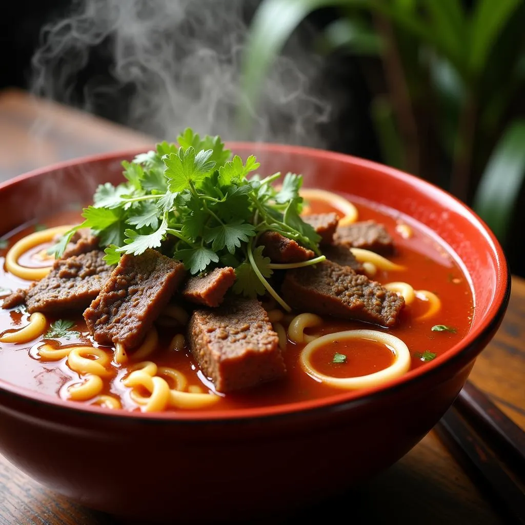 Steaming bowl of Bun Bo Hue in Go Vap