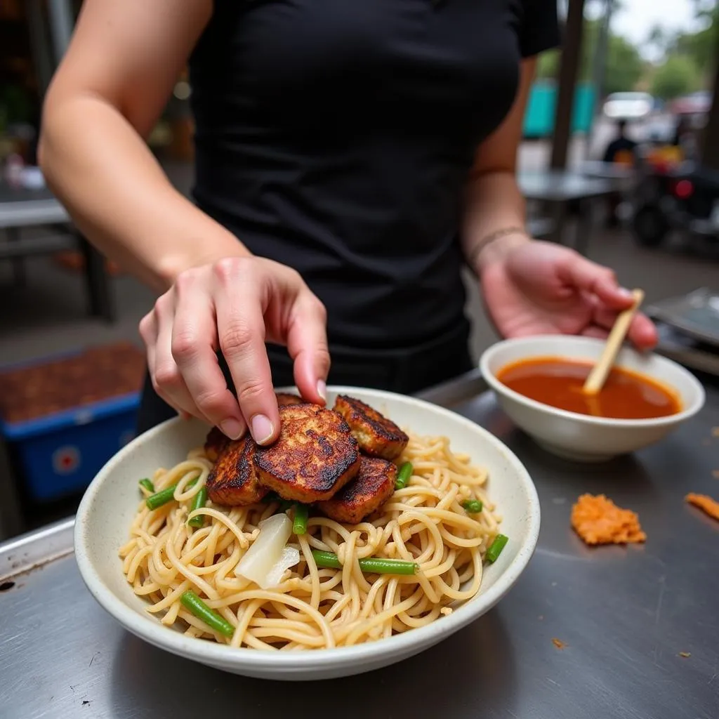 A woman preparing and serving bun cha on a Hanoi street