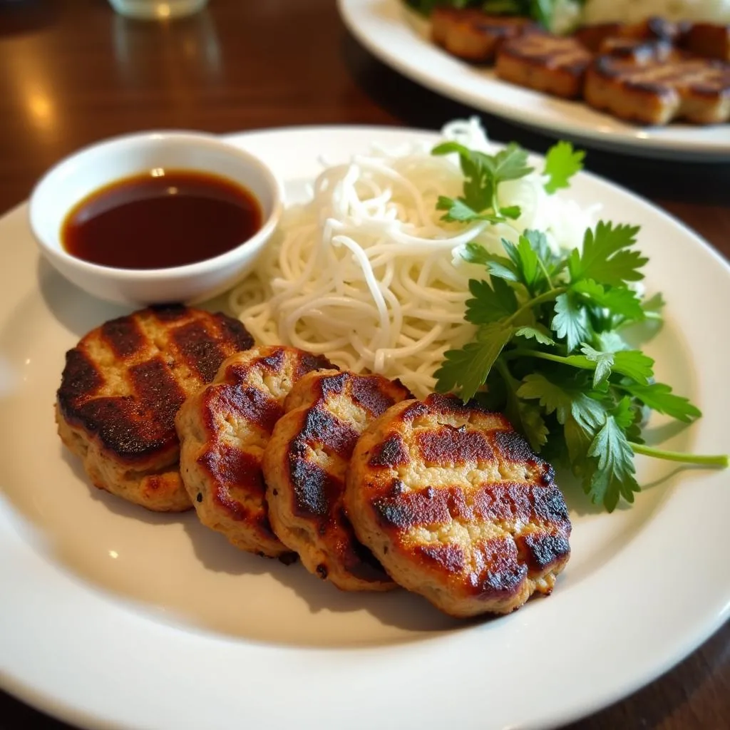 Plate of Bun Cha with dipping sauce and fresh herbs