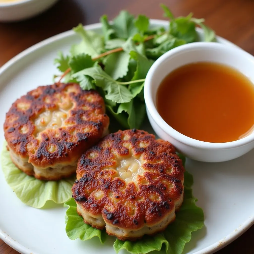 Bun Cha Hanoi with dipping sauce and herbs