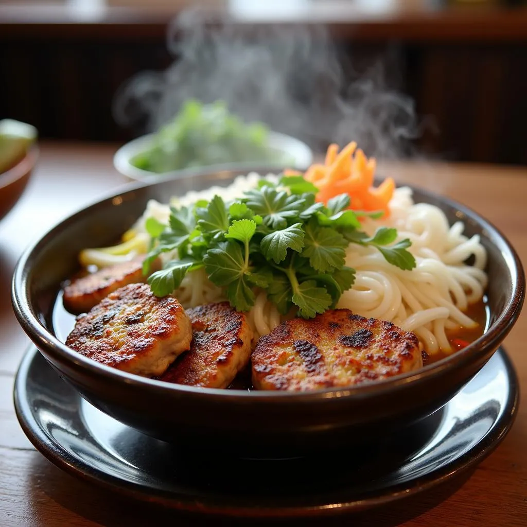 Bun cha served with fresh herbs