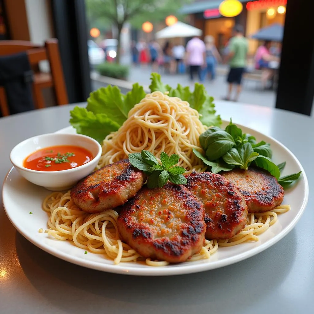 A plate of Bun Cha, a popular Vietnamese dish, featuring grilled pork and vermicelli noodles