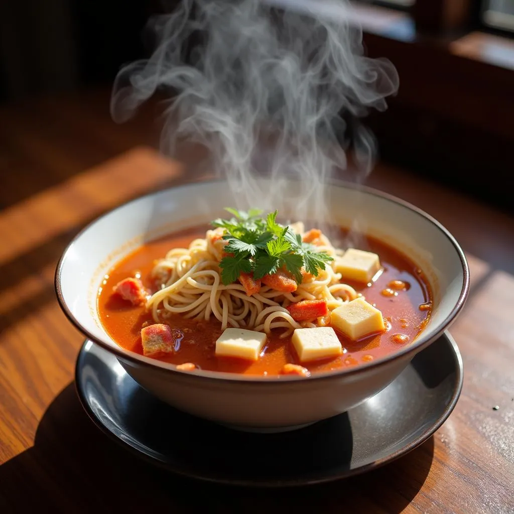 A steaming bowl of Bun Rieu Cua, Vietnamese Crab Noodle Soup