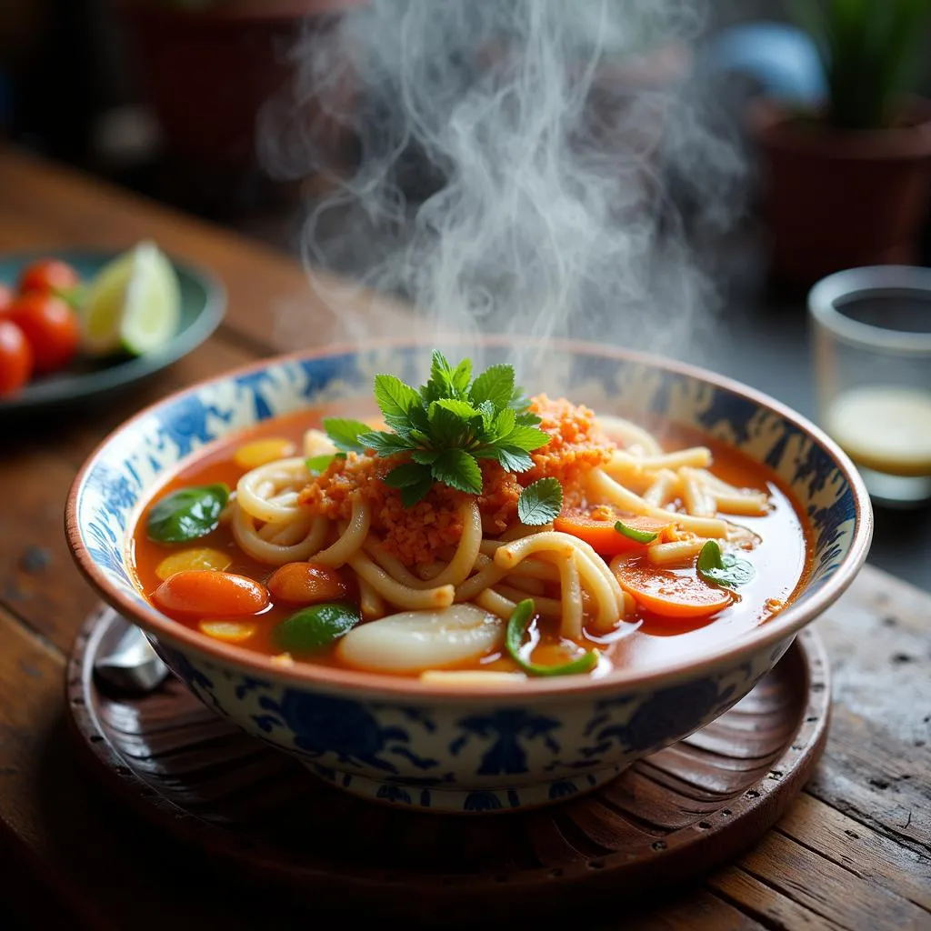  A bowl of &quot;Bún riêu cua đồng&quot; on a table in Hanoi.