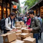 Tourists buying cardboard boxes in Hanoi's Old Quarter