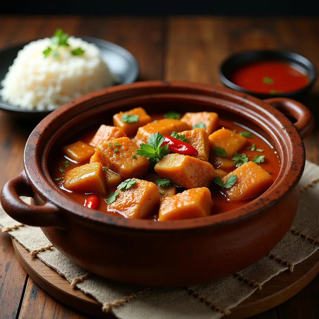 Close-up shot of a clay pot brimming with Cá Basa Kho Tộ, served with a side of steamed white rice.