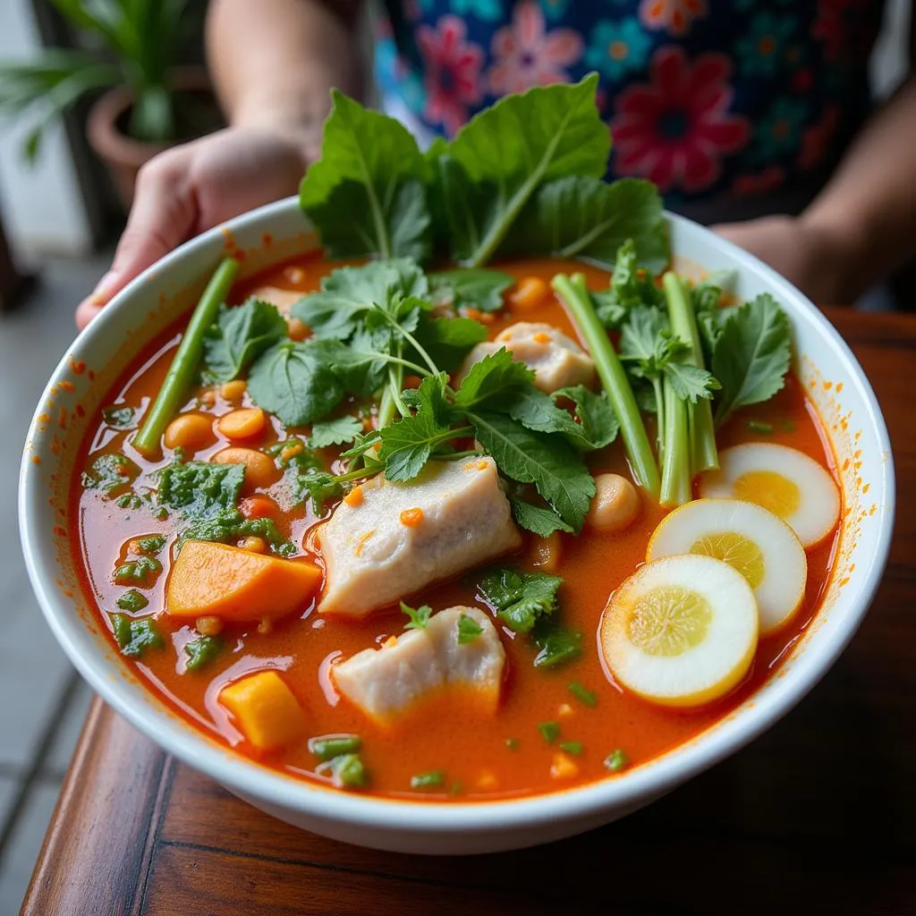 Canh chua ca served on a low table in a Hanoi street food stall