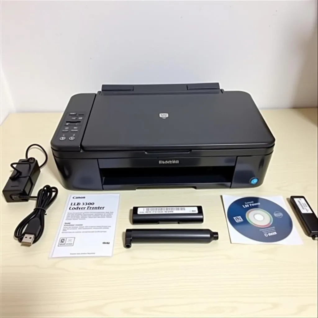 Canon LBP 3300 printer and essential accessories.