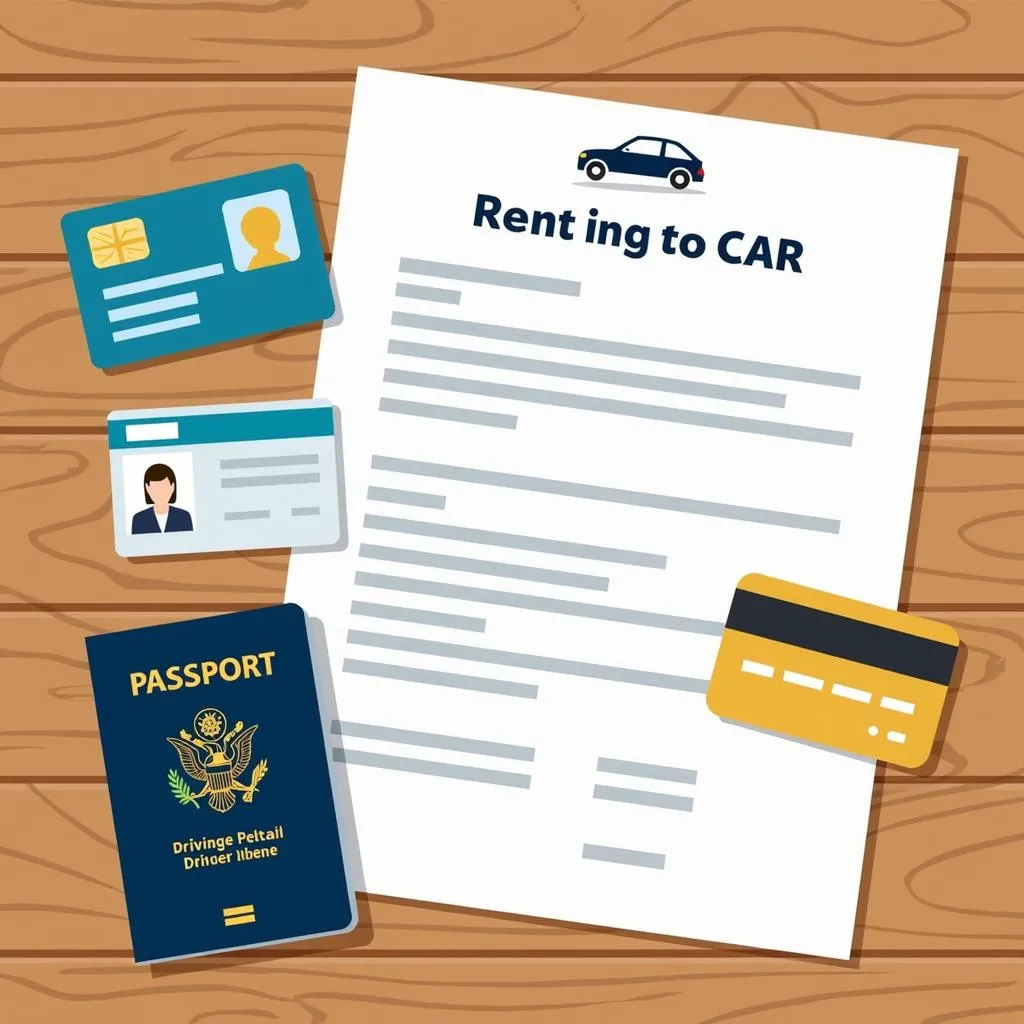 Car rental documents spread on a table