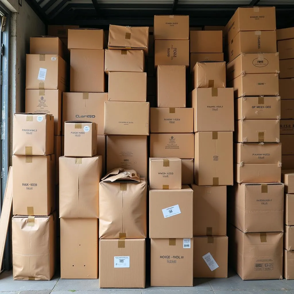 Cardboard boxes stacked in a Hanoi packaging store