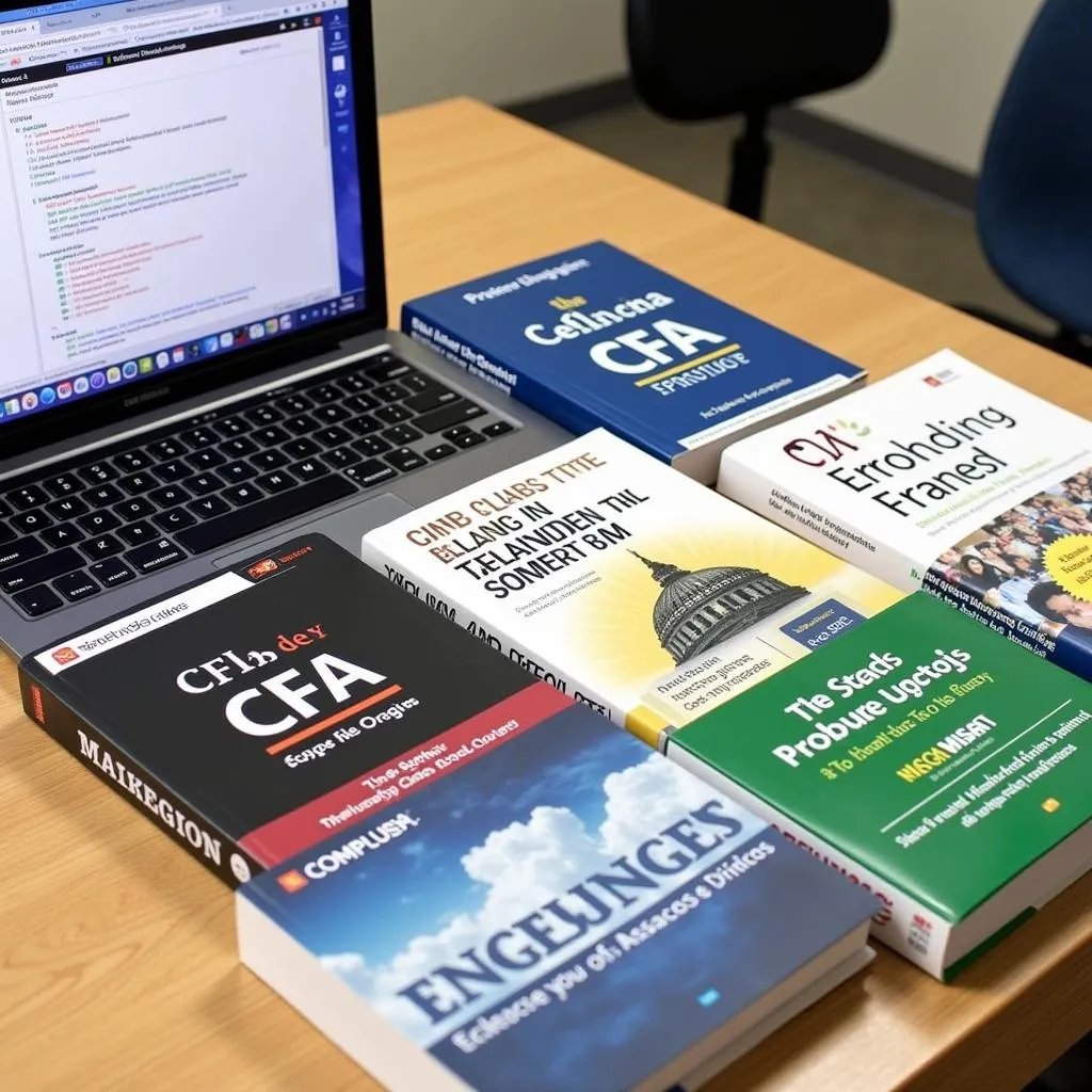 CFA Exam Prep Books and Laptop