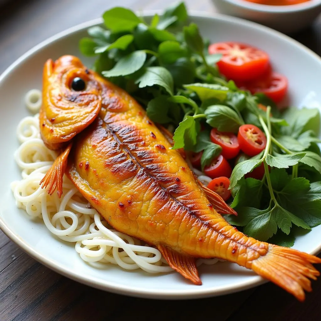 Cha Ca La Vong dish served with fresh herbs and dipping sauce