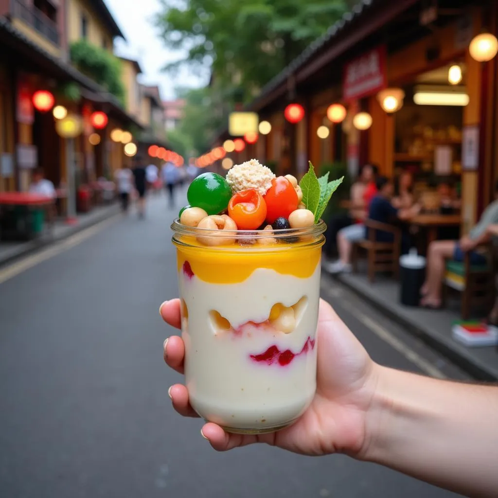 A colorful Vietnamese che dessert in a glass jar