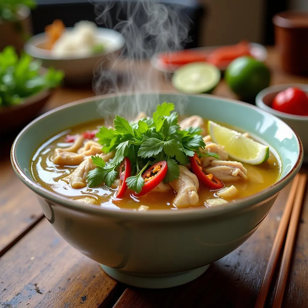 Steaming bowl of chicken pho in Hanoi