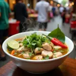 Steaming bowl of chicken pho on a Hanoi street food stall