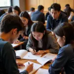 Students reviewing university brochures and websites