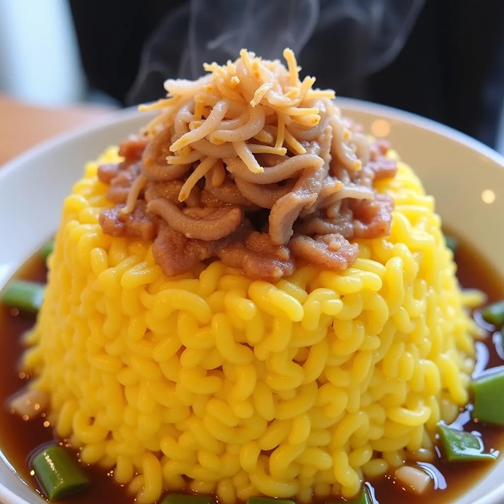 A plate of xoi xeo topped with pork floss