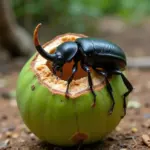 Coconut beetle feeding on a young coconut