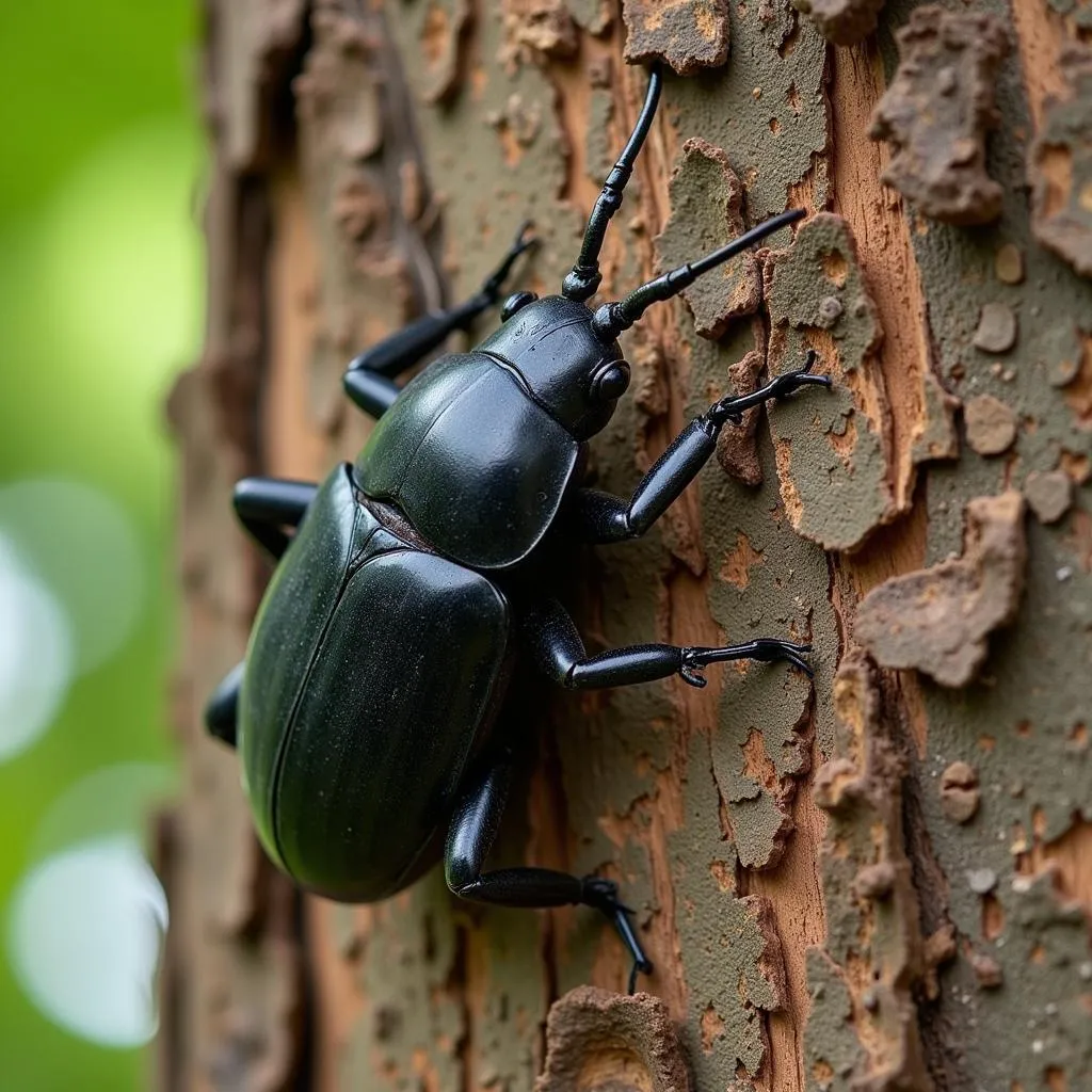 Coconut beetle climbing a tree trunk