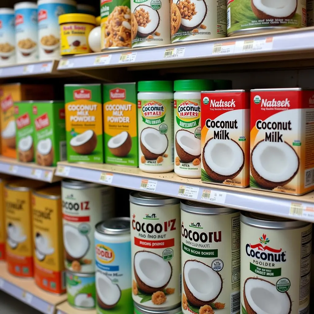 Coconut milk powder on supermarket shelf