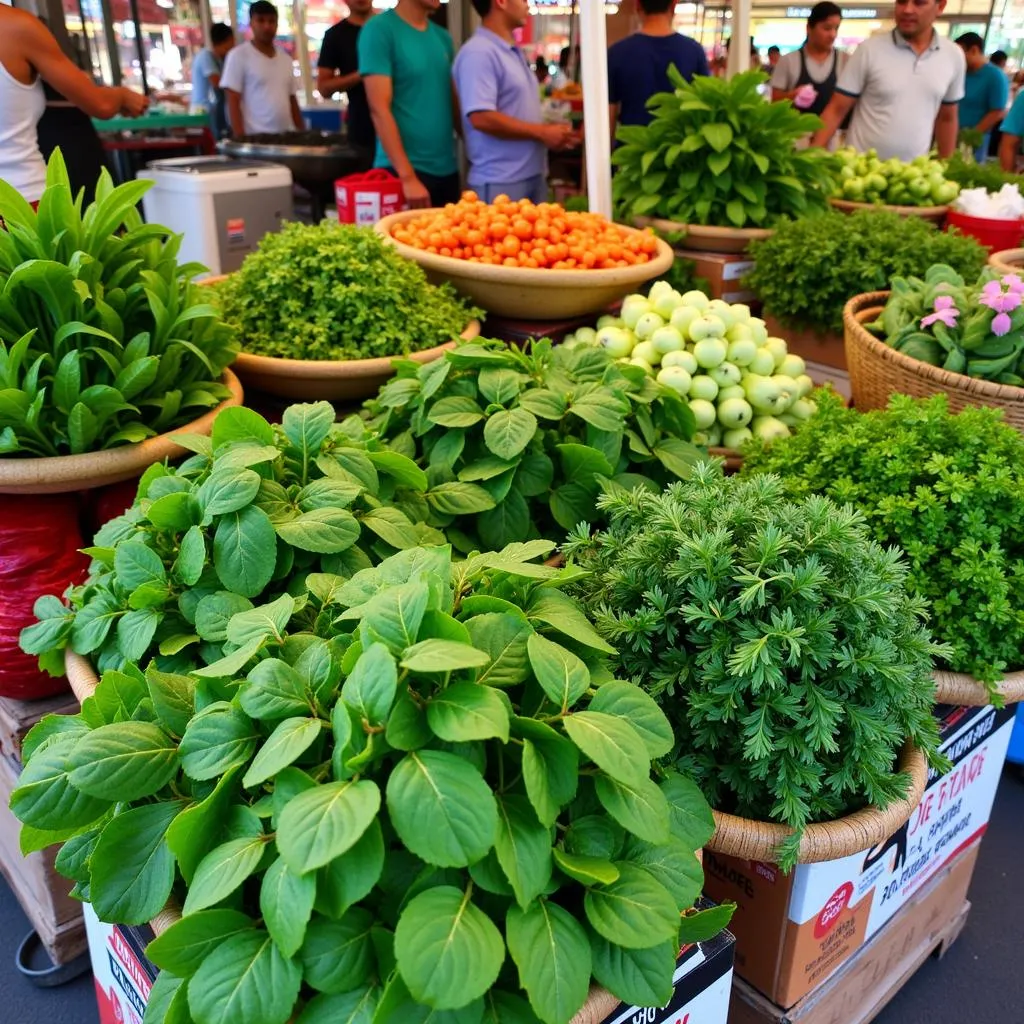 Colorful Array of Fresh Herbs and Vegetables in Hanoi Market