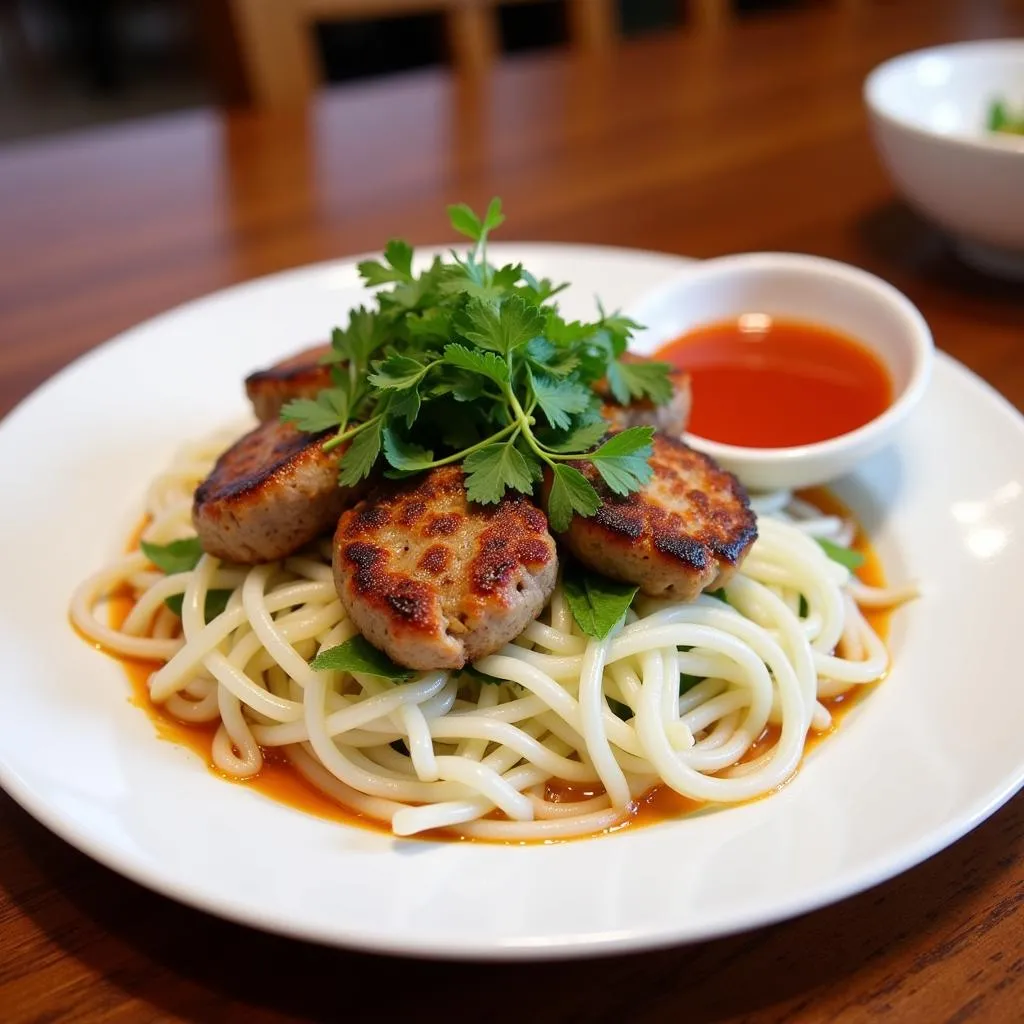 A plate of Bun Cha with Cham Cheo in Hanoi