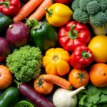 Colorful fruits and vegetables arranged on a table