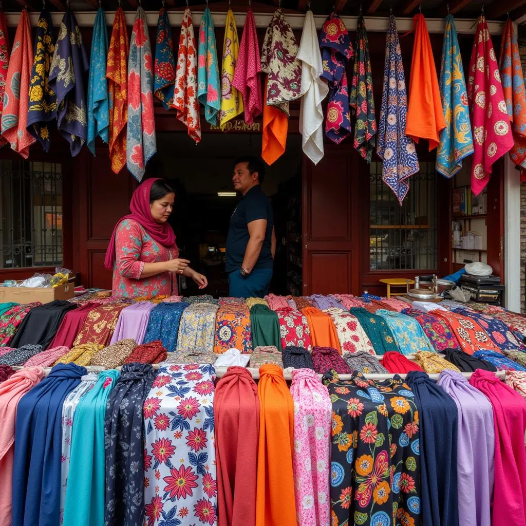 Colorful headscarves displayed at a Hanoi market stall