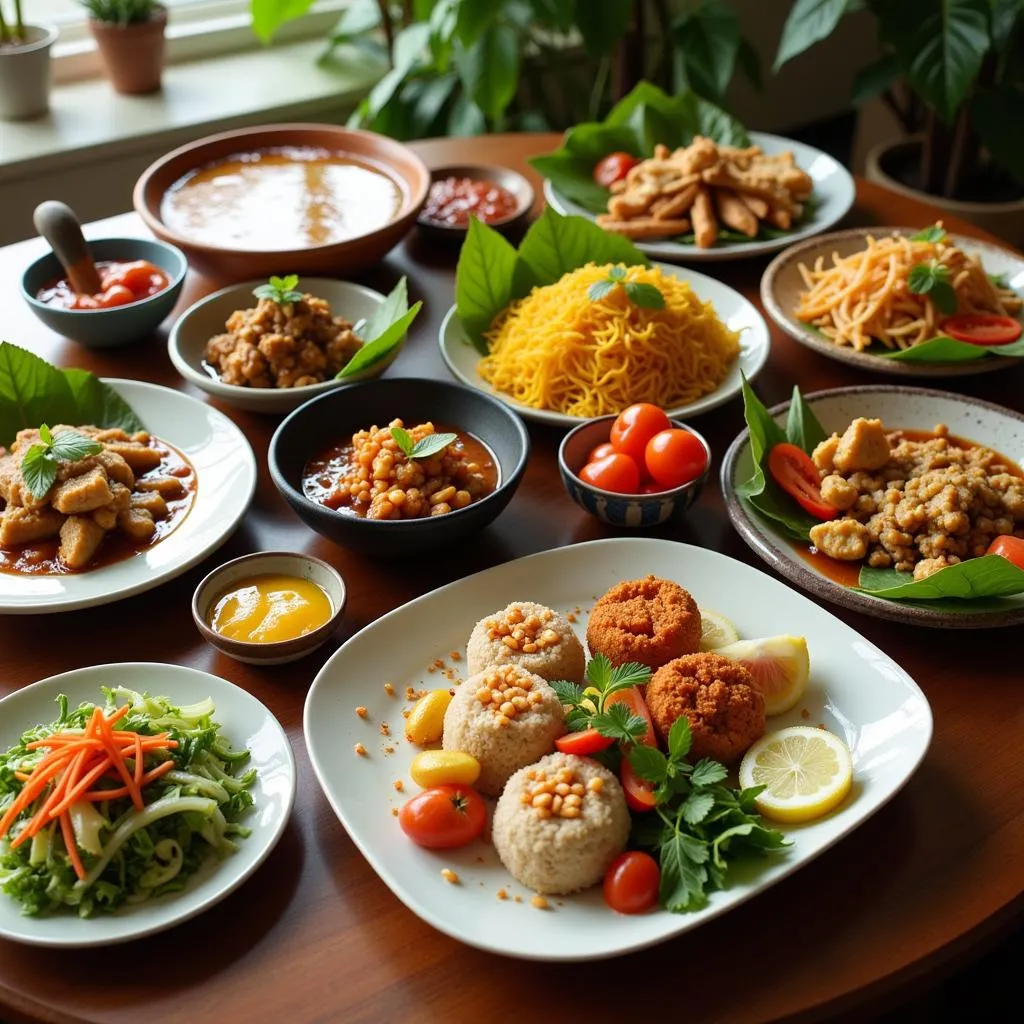 A table full of colorful and delicious Vietnamese dishes.