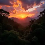 Sunset over a lush Costa Rican rainforest