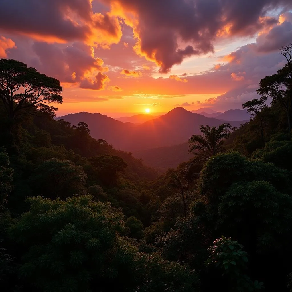 Sunset over a lush Costa Rican rainforest