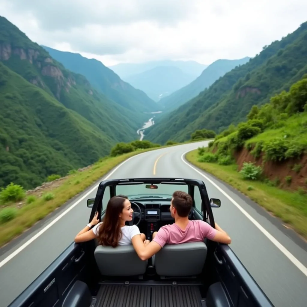 Couple Driving Pickup Truck in Vietnam Mountains