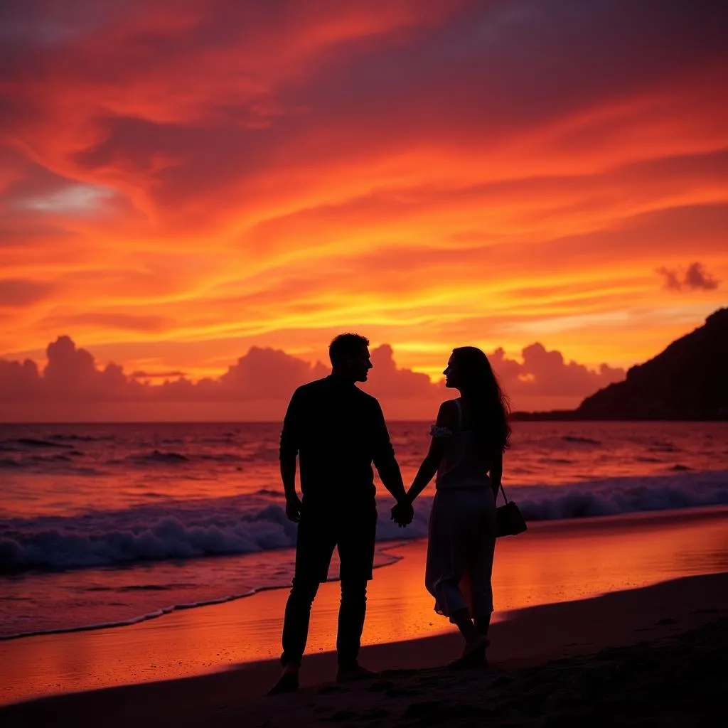 Couple watching sunset in Hawaii