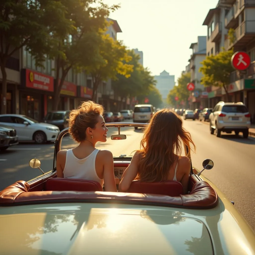 Couple exploring Hanoi in a vintage car