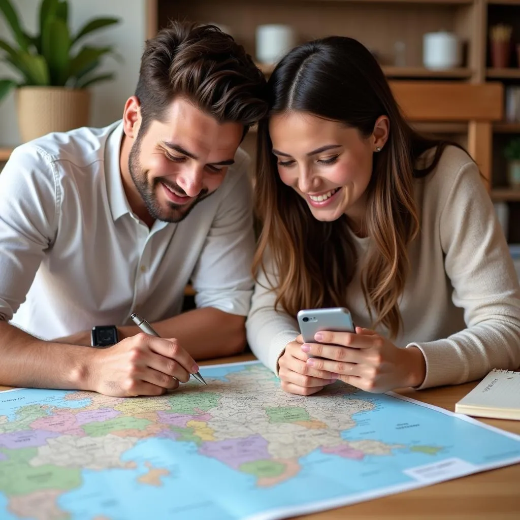 Couple planning their trip using a map and phone