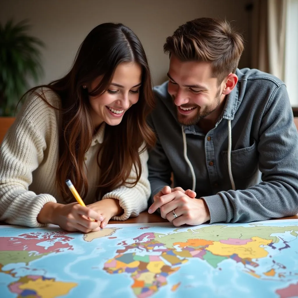 Couple Planning World Trip with Map