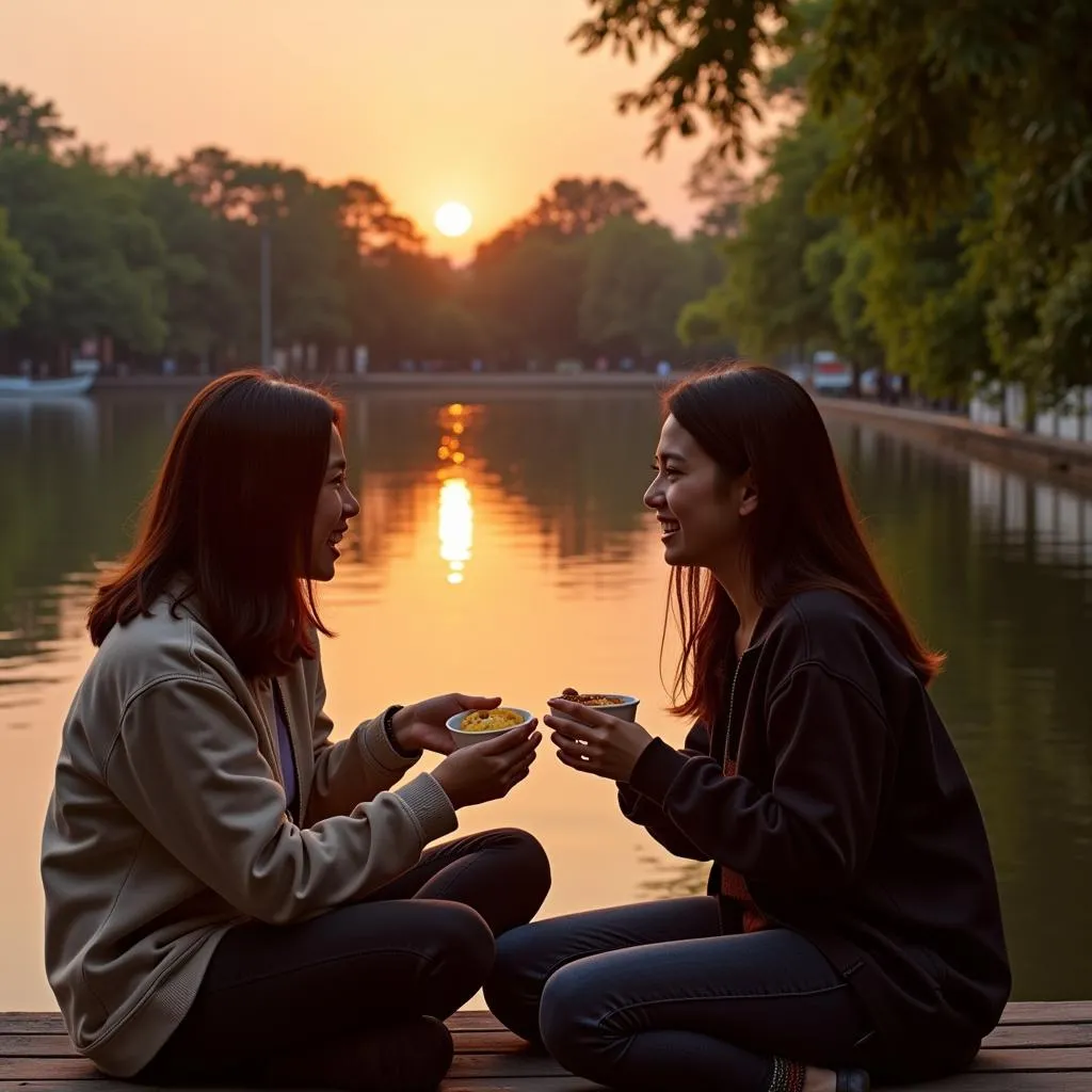 Couple sharing chè at Hoan Kiem Lake