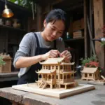 Artisan meticulously crafting a 3D model of a traditional Vietnamese house in Hanoi's Old Quarter