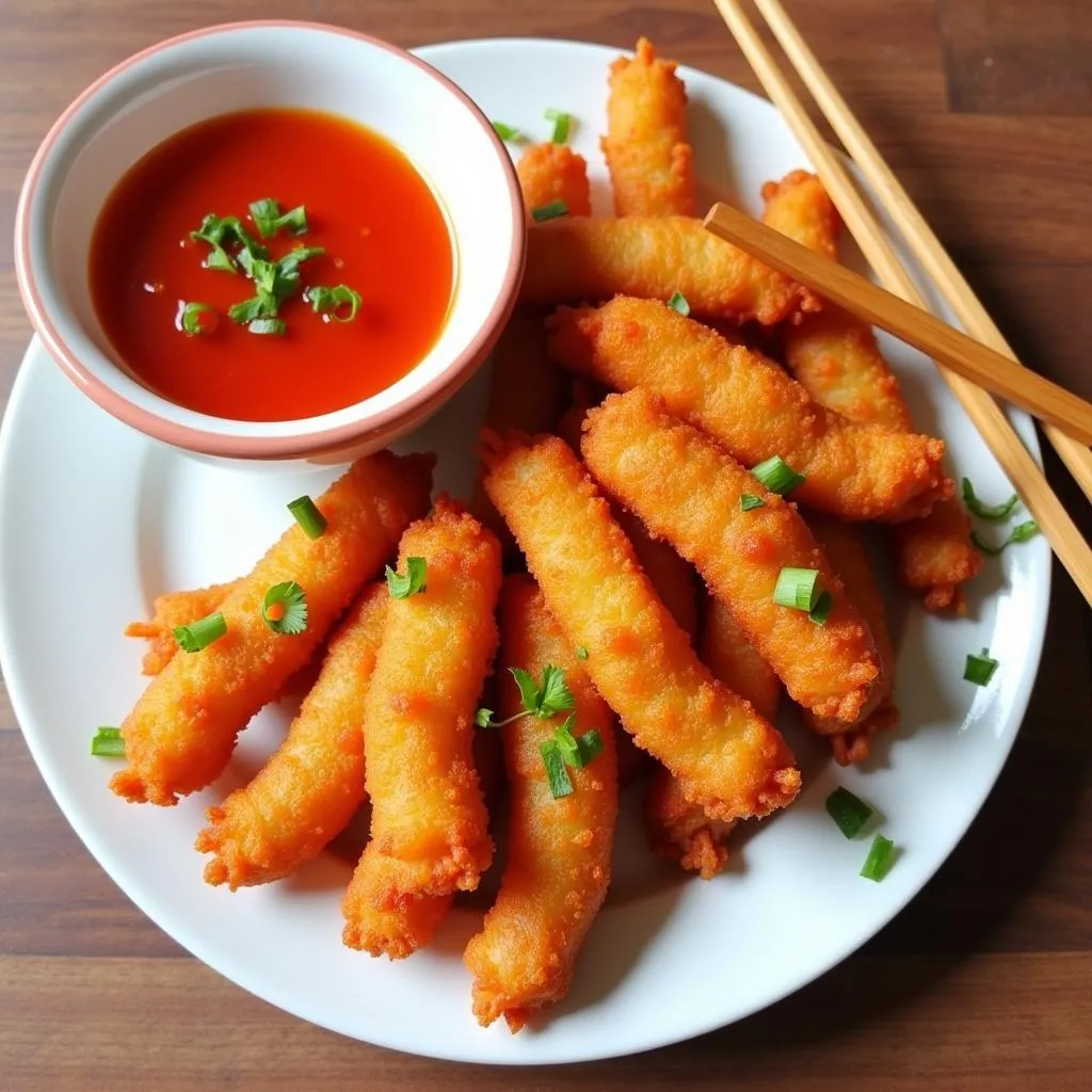 Golden brown nem ran served with nuoc cham dipping sauce.