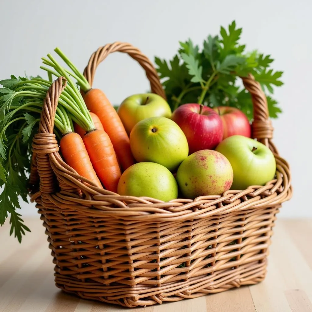 Crunchy fruits and vegetables in a basket, promoting good oral health