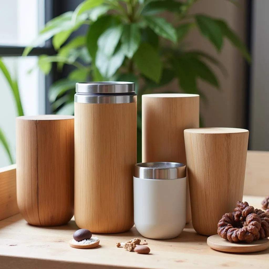 Display of different bamboo travel mugs