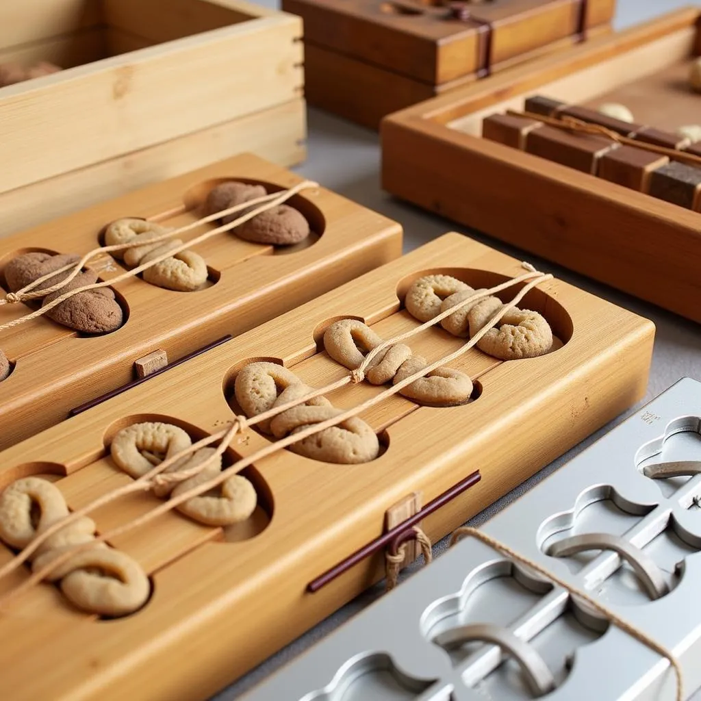 Various Banh Chung molds made from bamboo, wood, and aluminum.