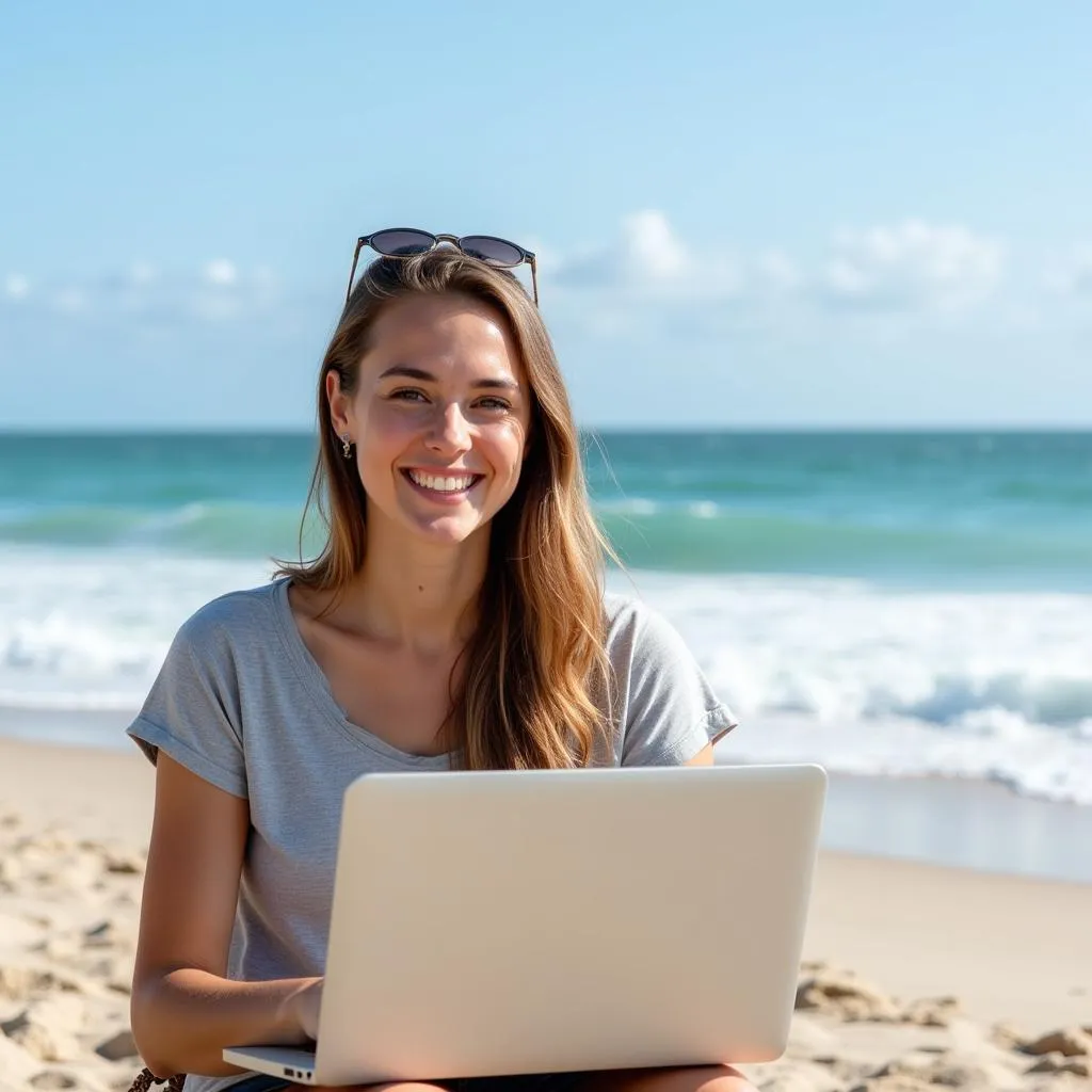 Digital Nomad Working on Beach