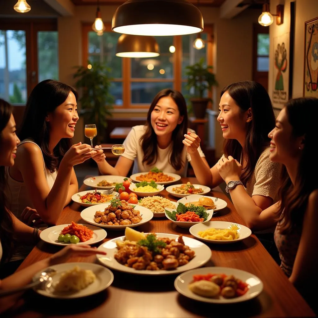 A group of friends enjoying a meal together at a local restaurant in Ninh Binh