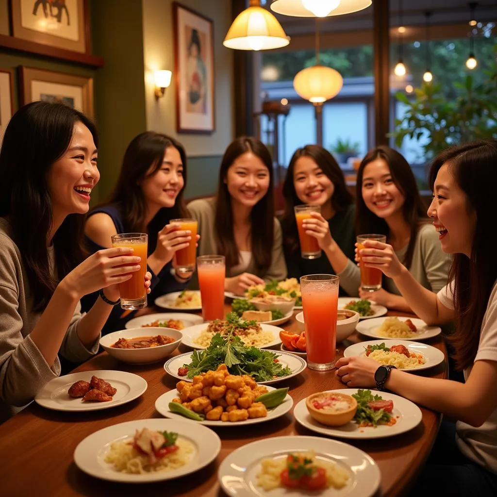 A group of friends enjoying a meal together at a restaurant in Hanoi